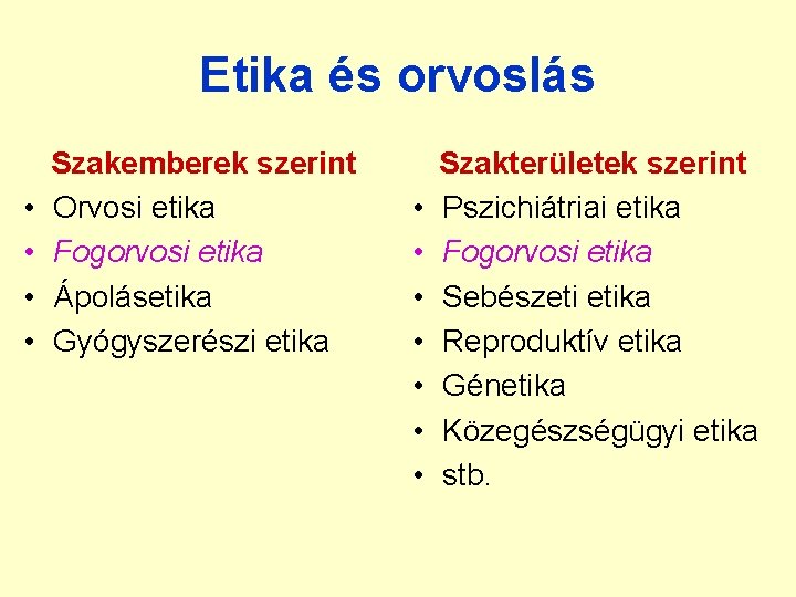 Etika és orvoslás • • Szakemberek szerint Orvosi etika Fogorvosi etika Ápolásetika Gyógyszerészi etika Etika és orvoslás • • Szakemberek szerint Orvosi etika Fogorvosi etika Ápolásetika Gyógyszerészi etika