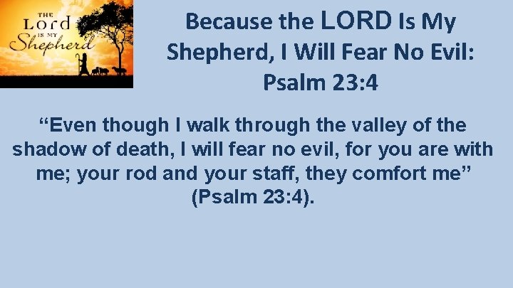 Because the LORD Is My Shepherd, I Will Fear No Evil: Psalm 23: 4 Because the LORD Is My Shepherd, I Will Fear No Evil: Psalm 23: 4