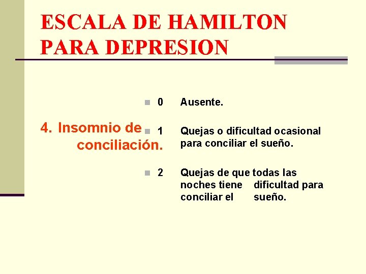 ESCALA DE HAMILTON PARA DEPRESION n 0 4. Insomnio de n 1 conciliación. n