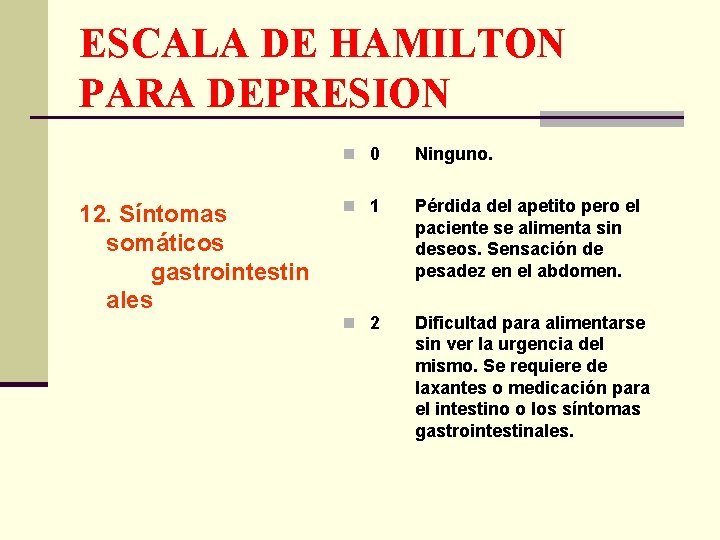 ESCALA DE HAMILTON PARA DEPRESION 12. Síntomas somáticos gastrointestin ales n 0 Ninguno. n