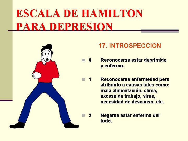 ESCALA DE HAMILTON PARA DEPRESION 17. INTROSPECCION n 0 Reconocerse estar deprimido y enfermo.