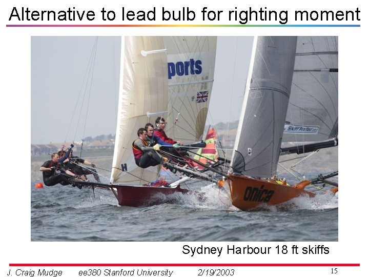 Alternative to lead bulb for righting moment Sydney Harbour 18 ft skiffs J. Craig