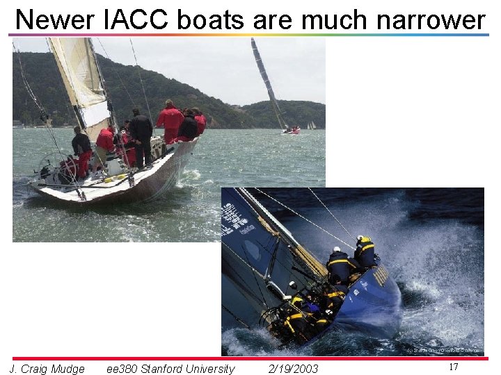Newer IACC boats are much narrower J. Craig Mudge ee 380 Stanford University 2/19/2003