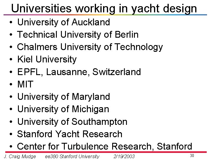 Universities working in yacht design • • • University of Auckland Technical University of