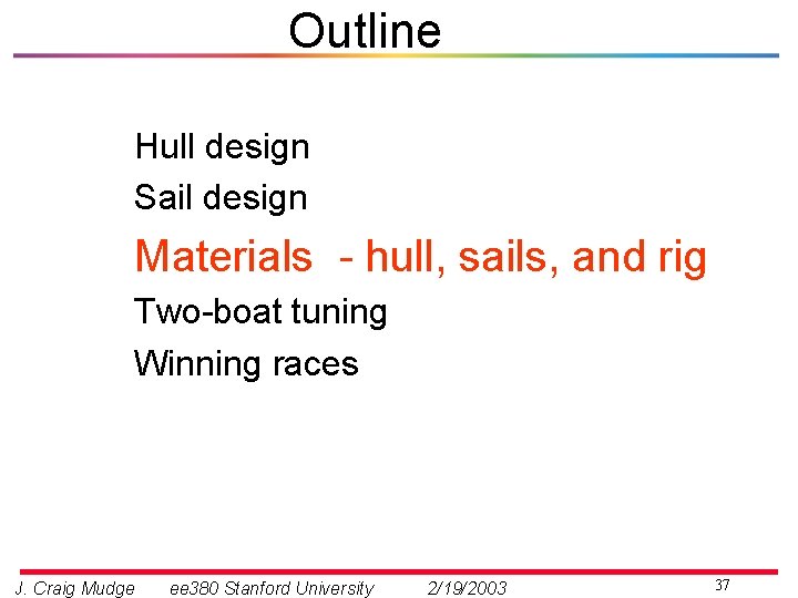 Outline Hull design Sail design Materials - hull, sails, and rig Two-boat tuning Winning