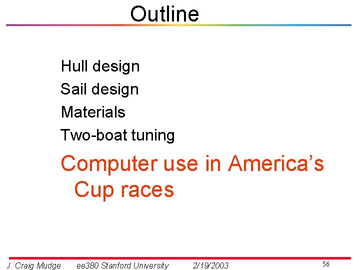 Outline Hull design Sail design Materials Two-boat tuning Computer use in America’s Cup races