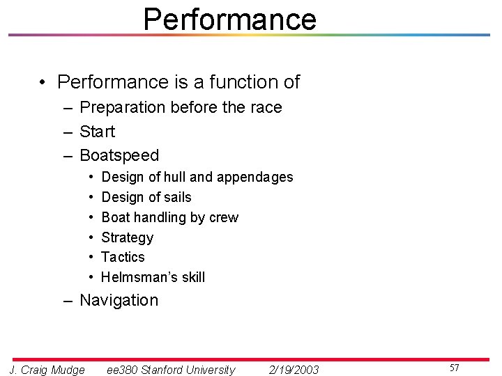 Performance • Performance is a function of – Preparation before the race – Start