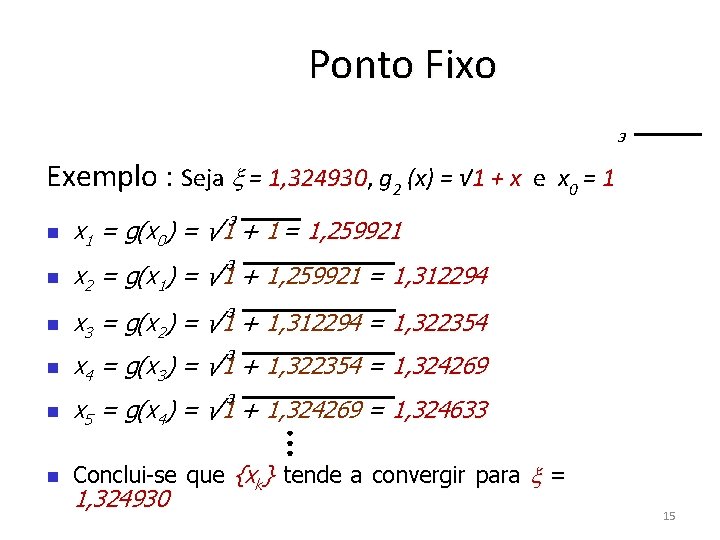 Ponto Fixo 3 Exemplo : Seja = 1, 324930, 1, 324930 g 2 (x)