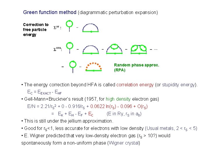 Green function method (diagrammatic perturbation expansion) Correction to free particle energy RPA Random phase Green function method (diagrammatic perturbation expansion) Correction to free particle energy RPA Random phase