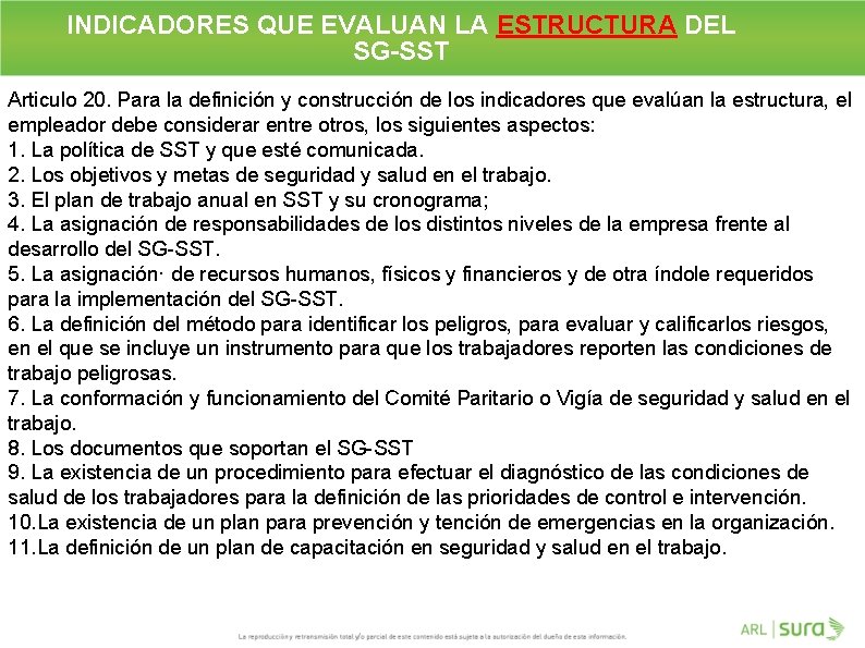 INDICADORES QUE EVALUAN LA ESTRUCTURA DEL SG-SST Articulo 20. Para la definición y construcción