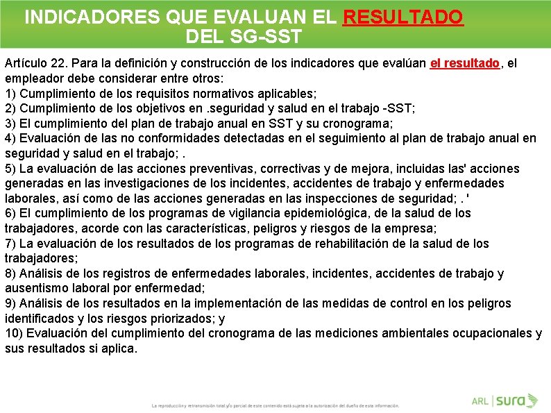 INDICADORES QUE EVALUAN EL RESULTADO DEL SG-SST Artículo 22. Para la definición y construcción