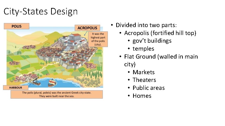 City-States Design • Divided into two parts: • Acropolis (fortified hill top) • gov’t