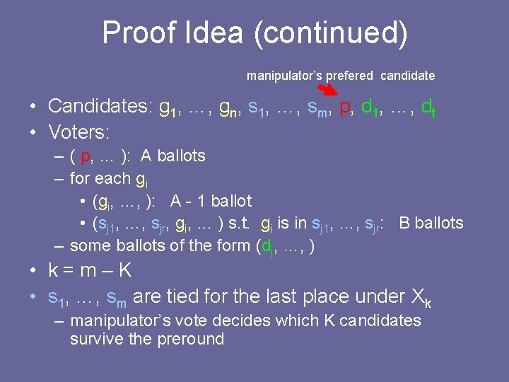 Proof Idea (continued) manipulator’s prefered candidate • Candidates: g 1, …, gn, s 1, Proof Idea (continued) manipulator’s prefered candidate • Candidates: g 1, …, gn, s 1,