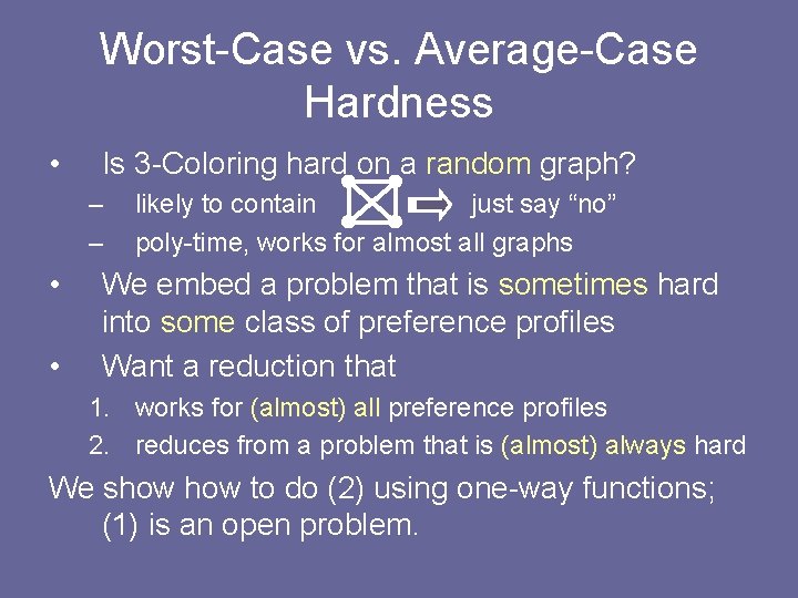 Worst-Case vs. Average-Case Hardness • Is 3 -Coloring hard on a random graph? – Worst-Case vs. Average-Case Hardness • Is 3 -Coloring hard on a random graph? –