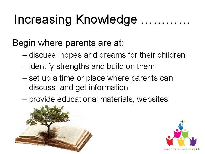 Increasing Knowledge ………… Begin where parents are at: – discuss hopes and dreams for