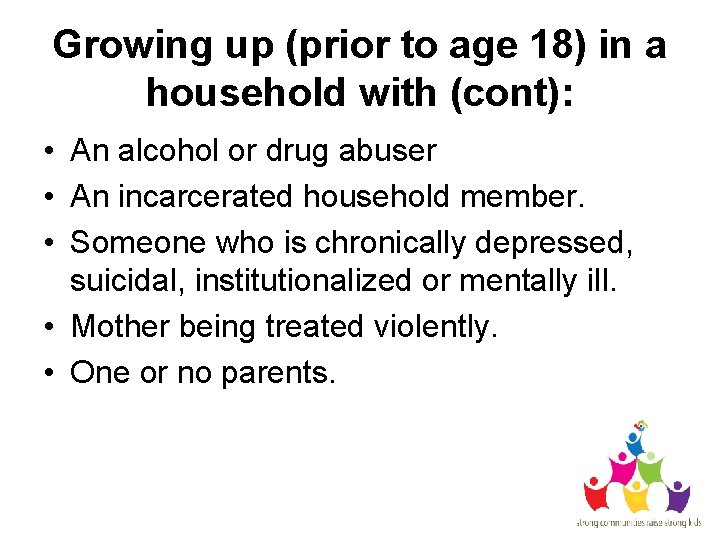 Growing up (prior to age 18) in a household with (cont): • An alcohol
