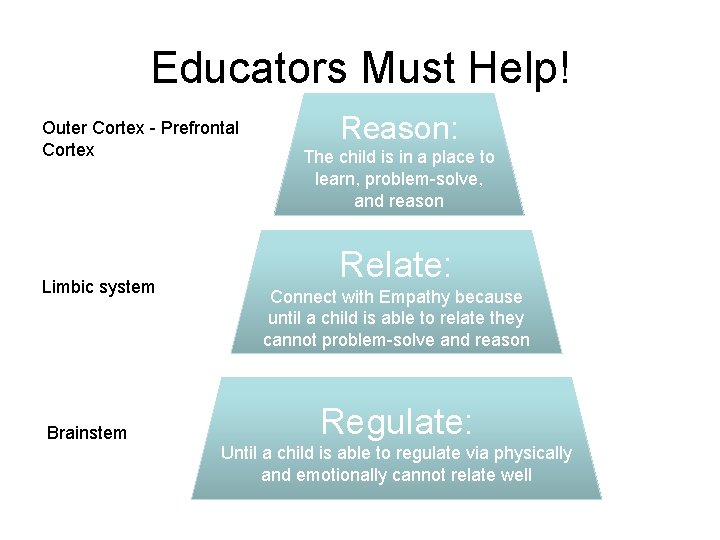 Educators Must Help! Outer Cortex - Prefrontal Cortex Limbic system Brainstem Reason: The child