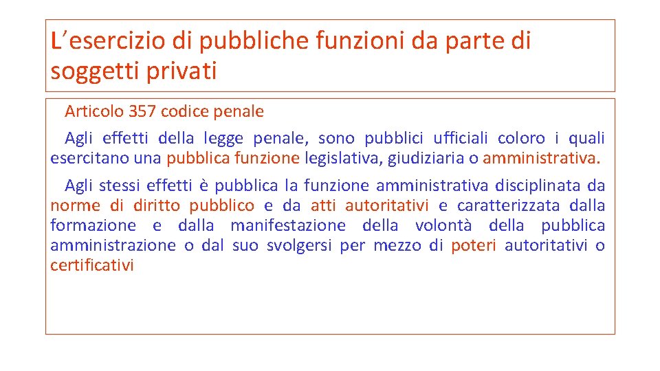 L’esercizio di pubbliche funzioni da parte di soggetti privati Articolo 357 codice penale Agli