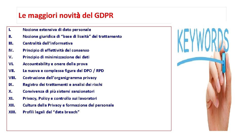 Le maggiori novità del GDPR I. III. IV. V. VIII. IX. X. XIII. Nozione