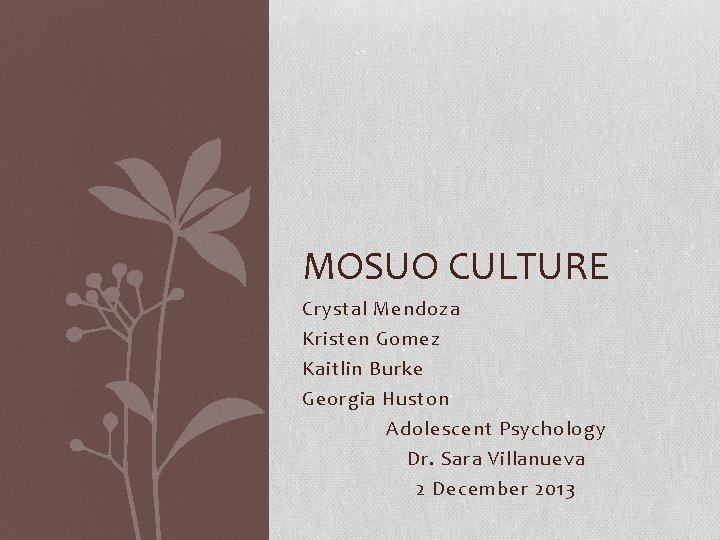 MOSUO CULTURE Crystal Mendoza Kristen Gomez Kaitlin Burke Georgia Huston Adolescent Psychology Dr. Sara