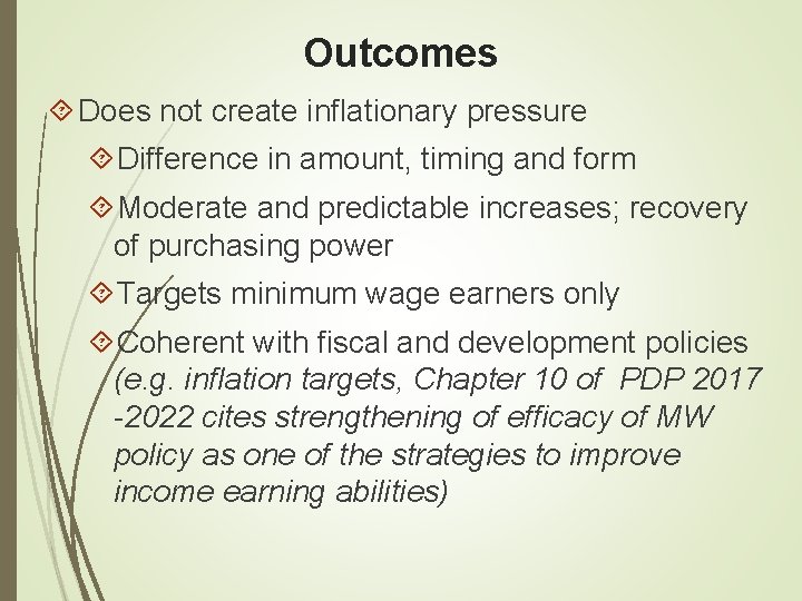 Outcomes Does not create inflationary pressure Difference in amount, timing and form Moderate and