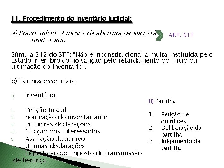 11. Procedimento do Inventário judicial: a) Prazo: início: 2 meses da abertura da sucessão