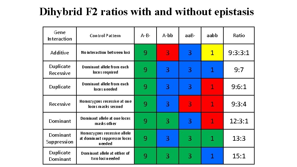 Dihybrid F 2 ratios with and without epistasis Gene Interaction Control Pattern A-B- A-bb