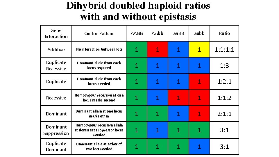 Dihybrid doubled haploid ratios with and without epistasis Gene Interaction Control Pattern AABB AAbb