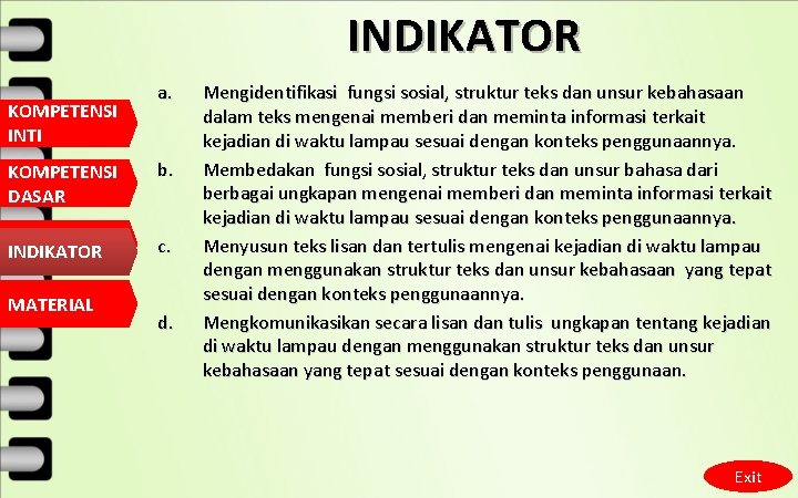 INDIKATOR KOMPETENSI INTI a. KOMPETENSI DASAR b. INDIKATOR c. MATERIAL d. Mengidentifikasi fungsi sosial,