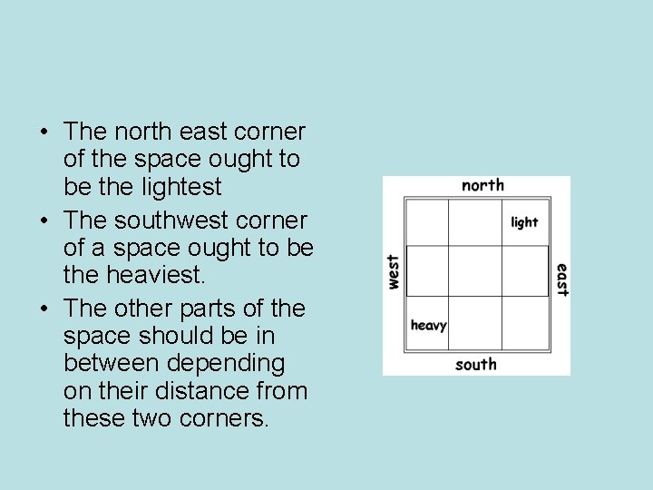 • The north east corner of the space ought to be the lightest • The north east corner of the space ought to be the lightest