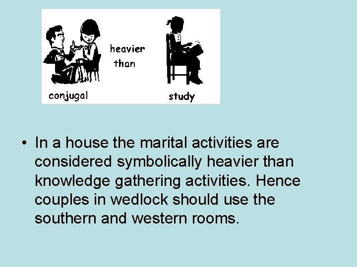 • In a house the marital activities are considered symbolically heavier than knowledge • In a house the marital activities are considered symbolically heavier than knowledge