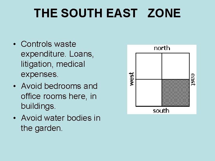 THE SOUTH EAST ZONE • Controls waste expenditure. Loans, litigation, medical expenses. • Avoid THE SOUTH EAST ZONE • Controls waste expenditure. Loans, litigation, medical expenses. • Avoid