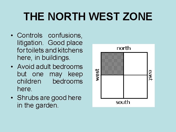 THE NORTH WEST ZONE • Controls confusions, litigation. Good place for toilets and kitchens THE NORTH WEST ZONE • Controls confusions, litigation. Good place for toilets and kitchens