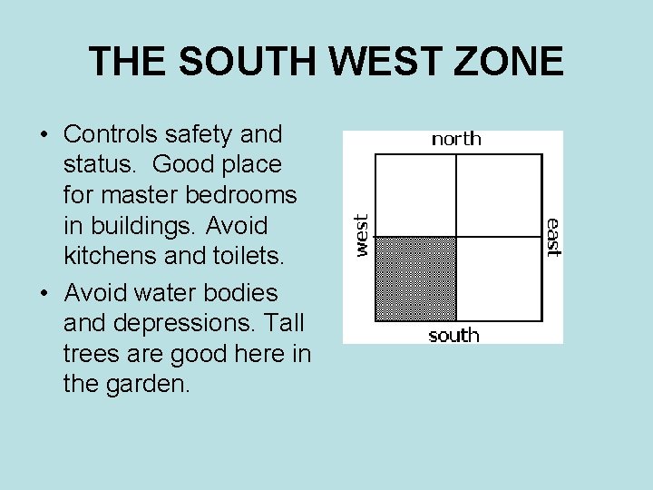 THE SOUTH WEST ZONE • Controls safety and status. Good place for master bedrooms THE SOUTH WEST ZONE • Controls safety and status. Good place for master bedrooms