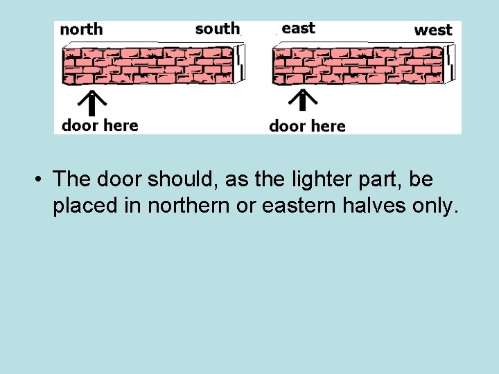 • The door should, as the lighter part, be placed in northern or • The door should, as the lighter part, be placed in northern or