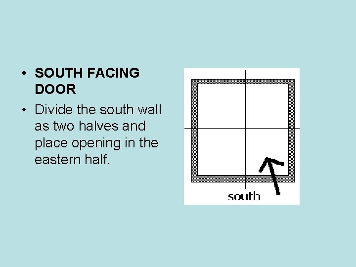 • SOUTH FACING DOOR • Divide the south wall as two halves and • SOUTH FACING DOOR • Divide the south wall as two halves and