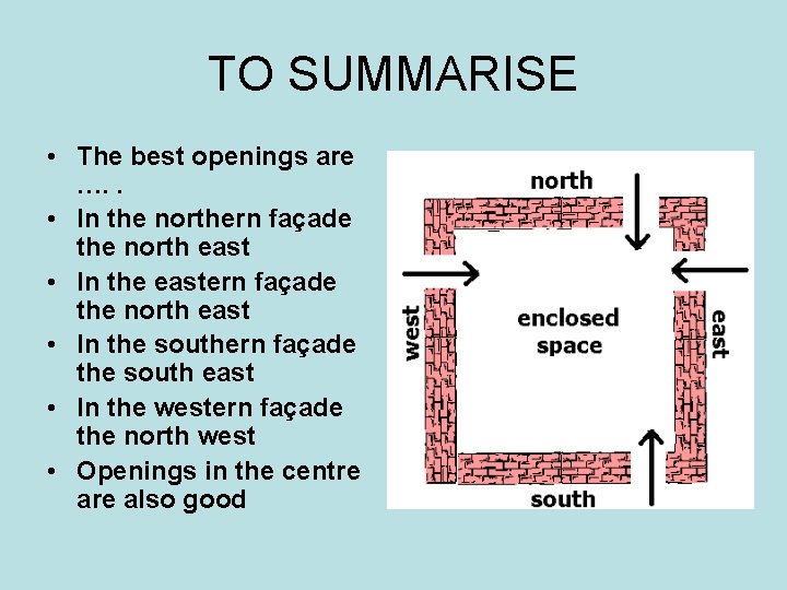 TO SUMMARISE • The best openings are …. . • In the northern façade TO SUMMARISE • The best openings are …. . • In the northern façade