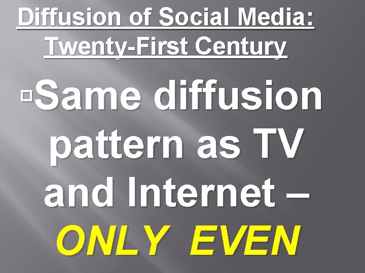 Diffusion of Social Media: Twenty-First Century Same diffusion pattern as TV and Internet –