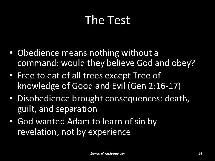 The Test • Obedience means nothing without a command: would they believe God and