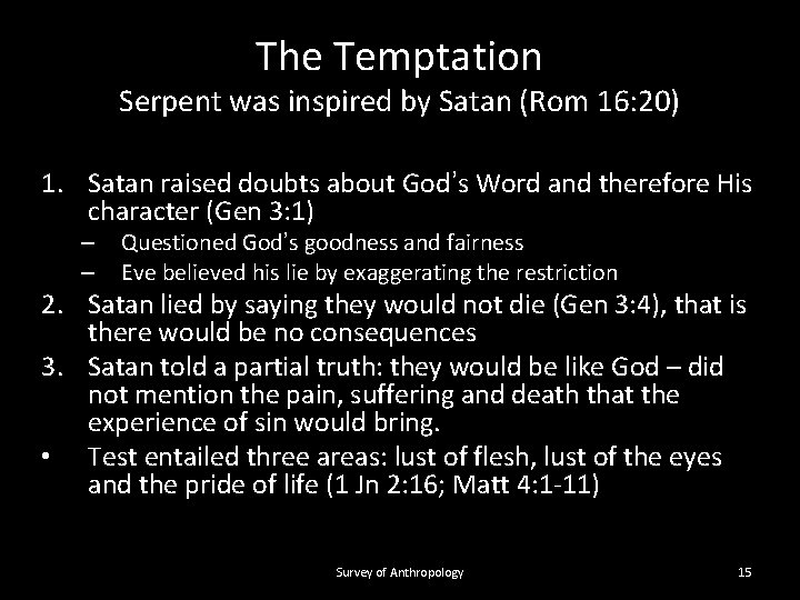 The Temptation Serpent was inspired by Satan (Rom 16: 20) 1. Satan raised doubts