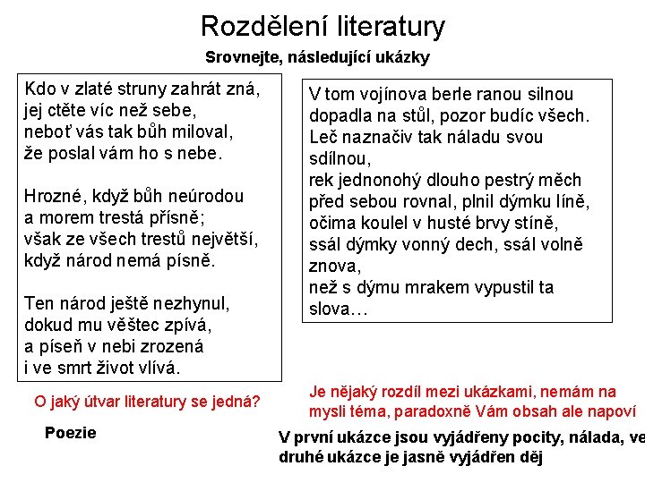 Rozdělení literatury Srovnejte, následující ukázky Kdo v zlaté struny zahrát zná, jej ctěte víc