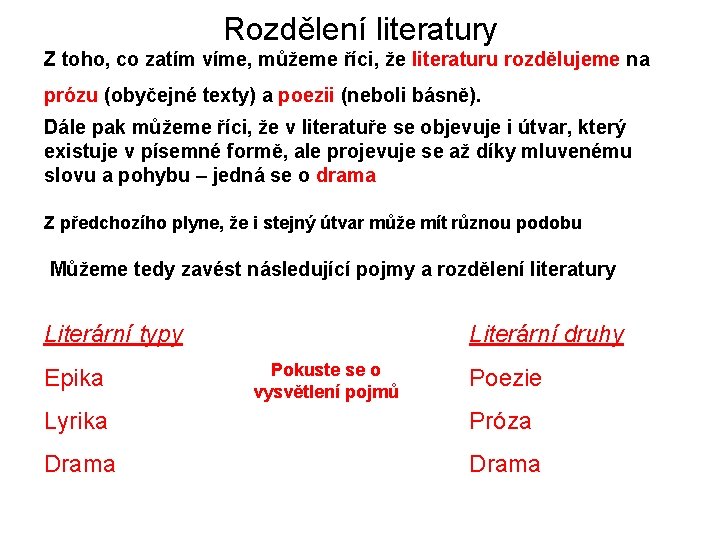 Rozdělení literatury Z toho, co zatím víme, můžeme říci, že literaturu rozdělujeme na prózu