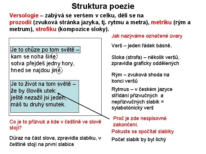 Struktura poezie Versologie – zabývá se veršem v celku, dělí se na prozodii (zvuková