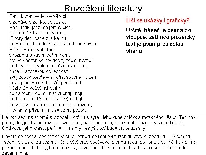 Rozdělení literatury Pan Havran seděl ve větvích, v zobáku držel kousek sýra. Pan Lišák,