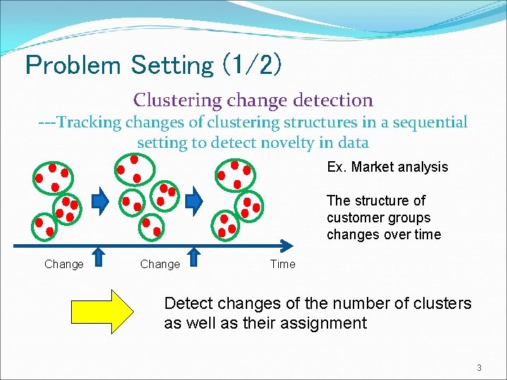 Problem Setting (1/2) Clustering change detection ---Tracking changes of clustering structures in a sequential