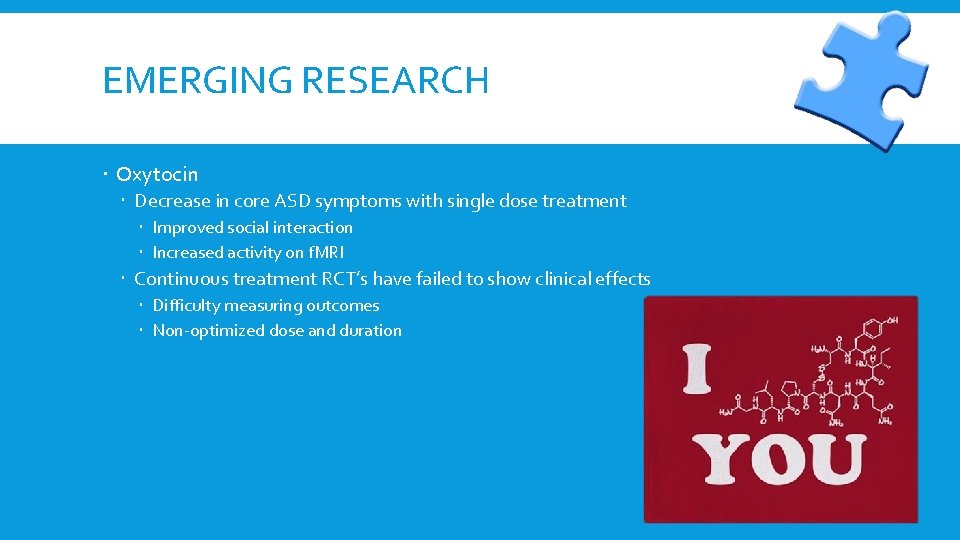 EMERGING RESEARCH Oxytocin Decrease in core ASD symptoms with single dose treatment Improved social