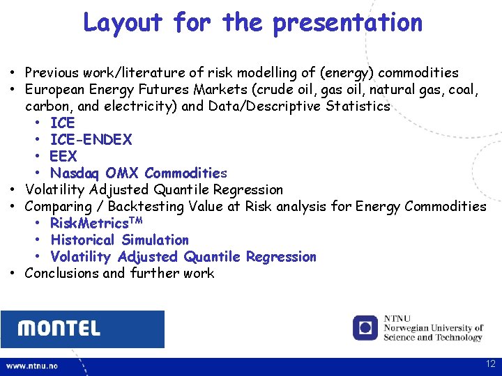 Layout for the presentation • Previous work/literature of risk modelling of (energy) commodities • Layout for the presentation • Previous work/literature of risk modelling of (energy) commodities •