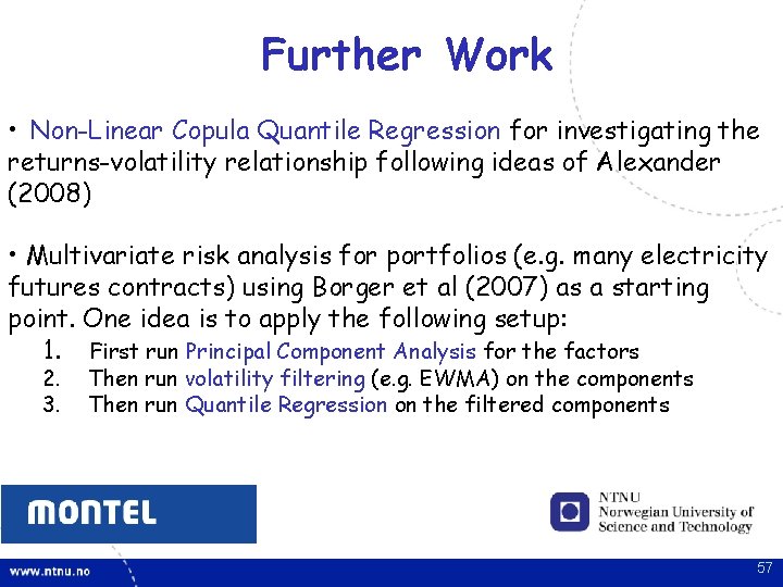 Further Work • Non-Linear Copula Quantile Regression for investigating the returns-volatility relationship following ideas Further Work • Non-Linear Copula Quantile Regression for investigating the returns-volatility relationship following ideas