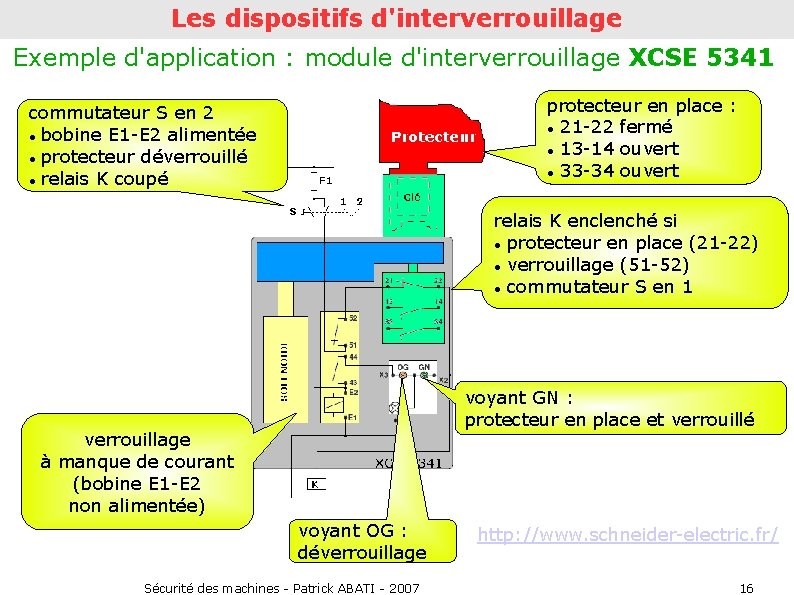 Les dispositifs d'interverrouillage Exemple d'application : module d'interverrouillage XCSE 5341 protecteur en place :