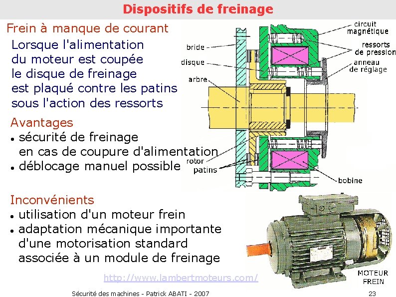 Dispositifs de freinage Frein à manque de courant Lorsque l'alimentation du moteur est coupée